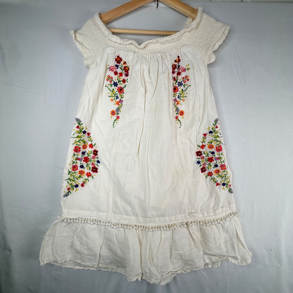 Moulinette Soeurs Anthropologie Floral Embroidered Smocked Mini Dress Cream 6